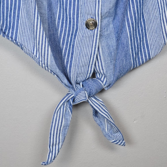 American Eagle Linen Blend Cropped Button Up Front Tie Top Stripe Puff Sleeve XL - Picture 3 of 9